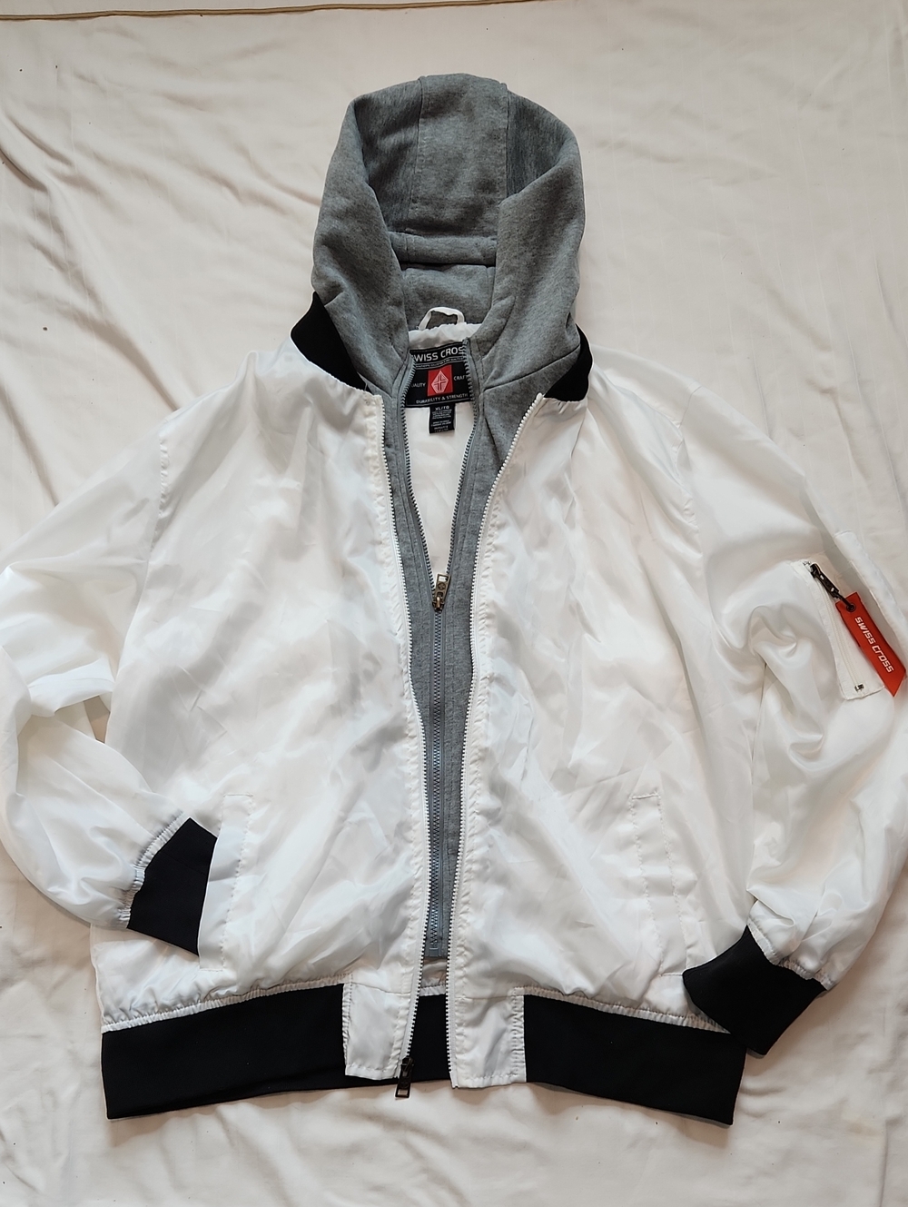 Swiss Cross White Bomber Jacket with Gray Hood and Black Trim